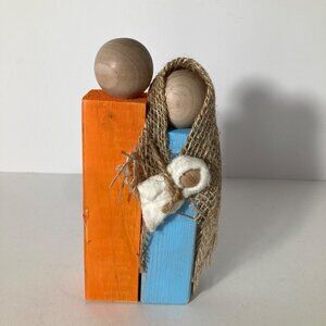 Handmade Rustic Wood Block Nativity Joseph Mary Jesus Orange‎ Blue #2
